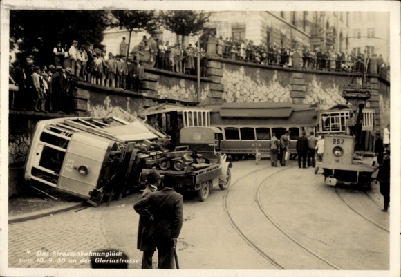 KP Zurich City Szwajcaria, wypadek tramwajowy 1930 na Gloriastraße, tramwaje 225 i 952