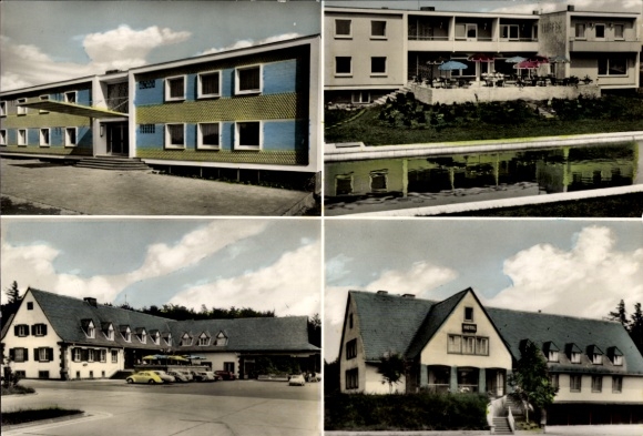 Postcard Reinhardshain Grünberg in Hesse, federal motorway rest house and Hotel Garni