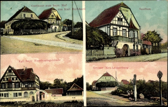 KP Góra Neulauterburg w Palatynacie, zajazd Bawarski. Dziedziniec, budynek hali, królewski. bawarski Budynek biurowy leśnictwa, granica