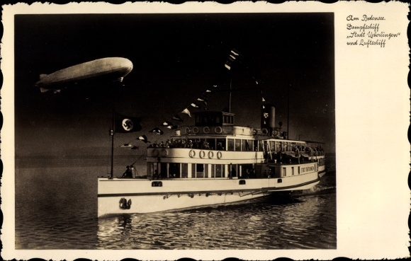 KP Jezioro Bodeńskie, parowiec Stadt Überlingen, sterowiec LZ 127 Graf Zeppelin, noc