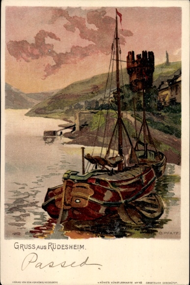 Artist Chromo-Litho Pfaff, C., Rüdesheim am Rhein in Hesse, sailing boats, tower