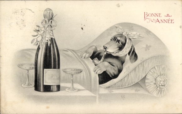Greeting card Happy New Year, sick dachshund in bed, pipe, champagne bottle, mistletoe