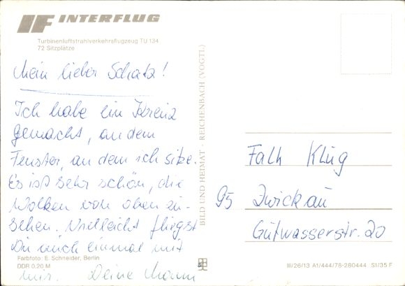 Postcard German passenger aircraft Tupolew TU-134, Interflug, turbine jet airliner