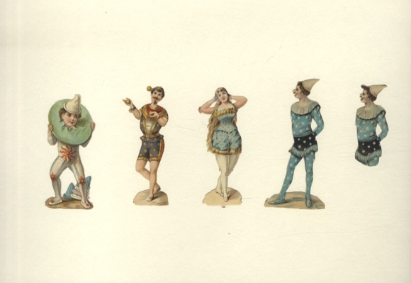 5 wafli klaunów i tancerzy, każdy o wymiarach ok. 9 x 4,5 cm i 6 x 3 cm