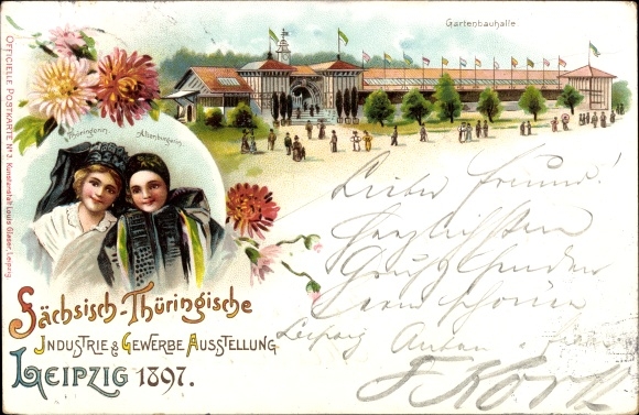 litho Leipzig, Saksische Thüringer industrie- en handelstentoonstelling 1897, vrouwen in klederdracht
