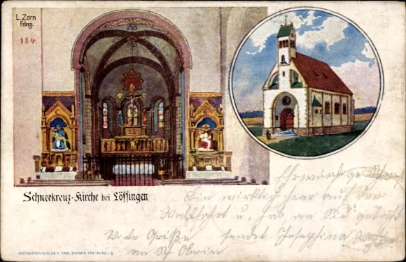 Postcard Löffingen in the Black Forest, Snow Cross Church, pilgrimage, Josephine