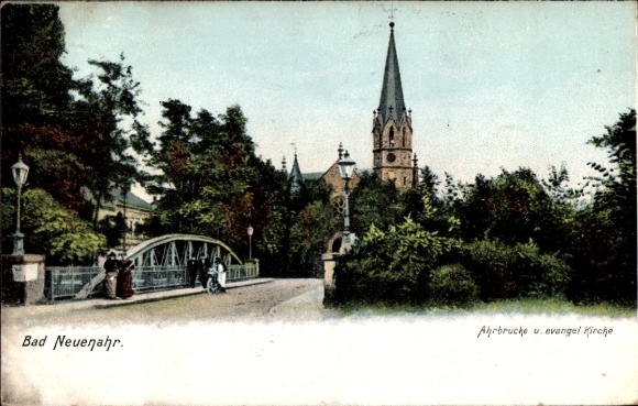 Postcard Bad Neuenahr, Ahr Bridge, Evangelical Church