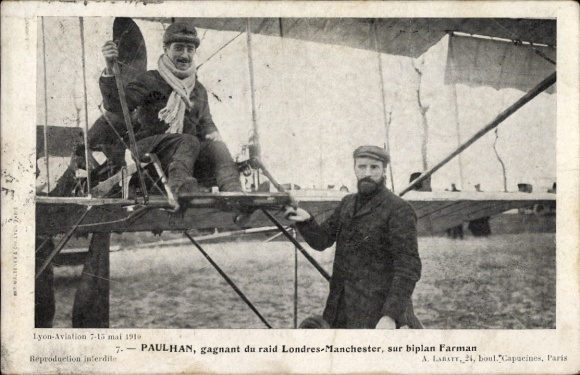 Postcard aviation pioneer Paulhan, winner of the London Manchester air race 1910, biplane Farman