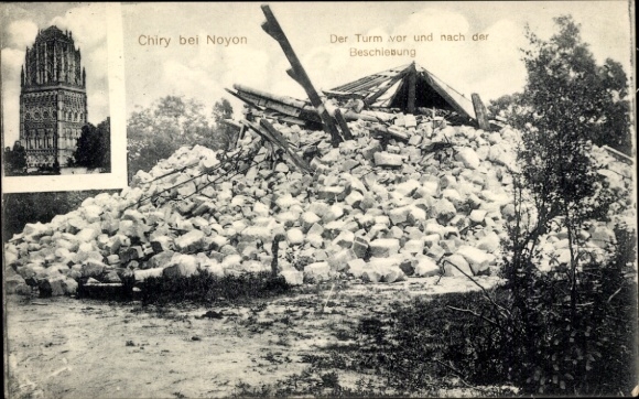 Postcard Chiry Ourscamp Oise, tower before and after the smearing