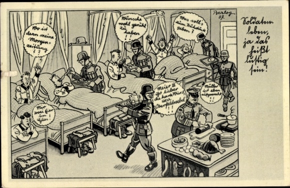 Künstler Ak Barlog, Soldatenleben heißt lustig sein, Wehrmacht, Offizier, Schlafstube, II. WK