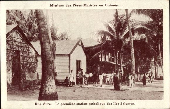 Postcard Rua Sura Salomon Inseln, The First Catholic Station, Missions of Marist Fathers
