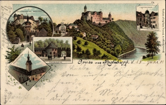 Chromo-Litho Rochsburg Lunzenau in Saxony, Thorhaus, castle, powder tower, staircase
