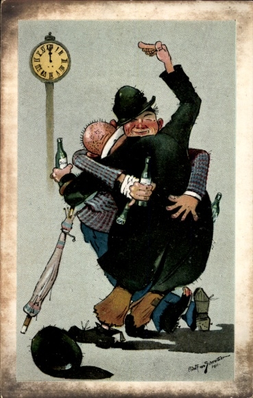 Artist Postcard Drunken Men, Hug, Clock, Beer