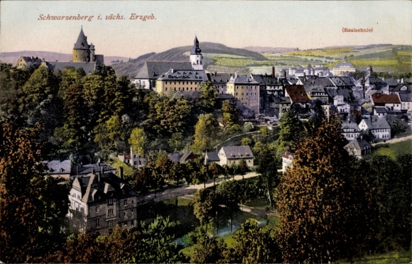 Postcard Schwarzenberg in the Ore Mountains Saxony, town view with castle, hills, houses, trees