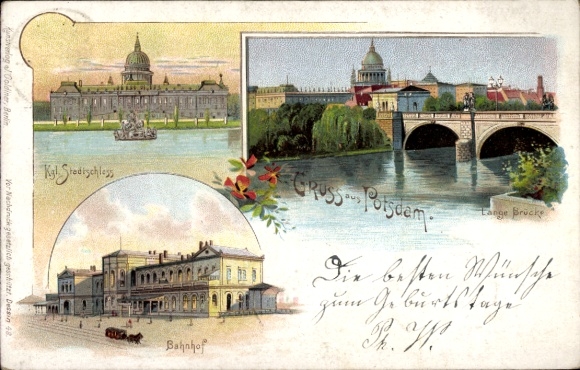 Litho Potsdam in Brandenburg, Königliches Stadtschloss, Lange Brücke, Bahnhof