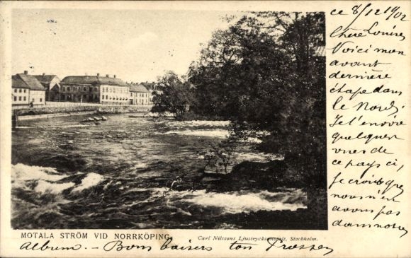 KP Norrköping Szwecja, strumień Motala, krajobraz rzeczny, zdjęcie czarno-białe, Carl Nilsson