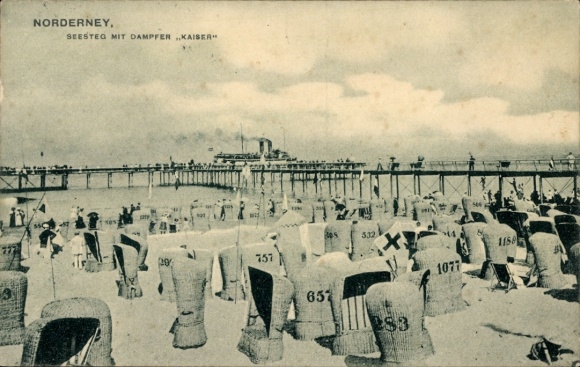 Postcard North Sea resort Norderney East Frisia, pier, steamer "Kaiser", beach chairs