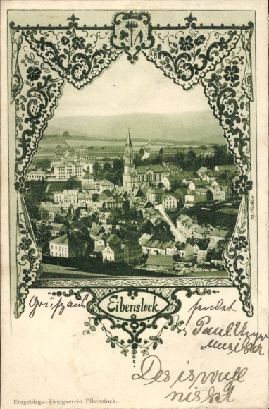 Postcard Eibenstock in the Ore Mountains Saxony, city view of church, houses, decorative frame