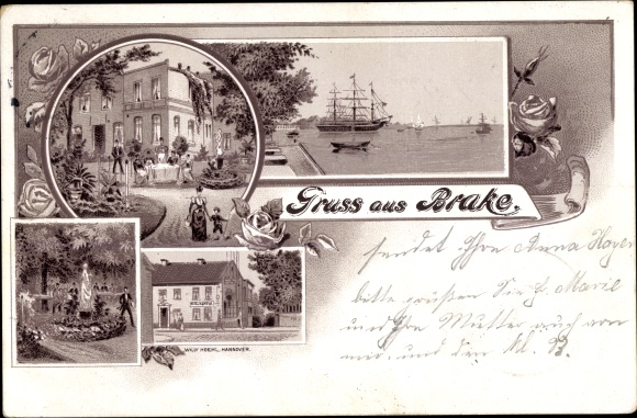 Chromo-Litho Brake on the Lower Weser in Oldenburg, sailing ship, inn