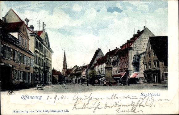 PC Offenburg in Baden-Württemberg, market square, historic houses, church tower, art publishers...