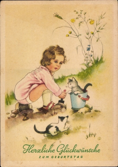 Postcard Happy Birthday, Girl, Cats