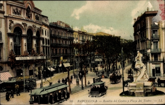 Postcard Barcelona Catalonia, Rambla del Center and Plaza del Teatro
