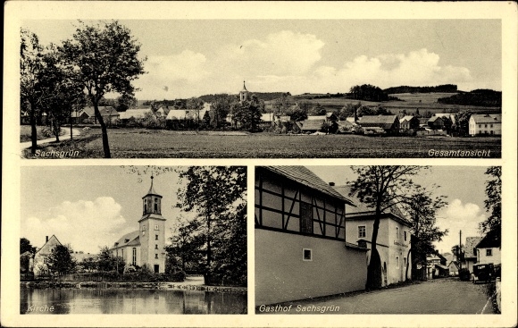 Postcard Sachsgrün Triebel in Vogtland, general view, church, inn Sachsgrün
