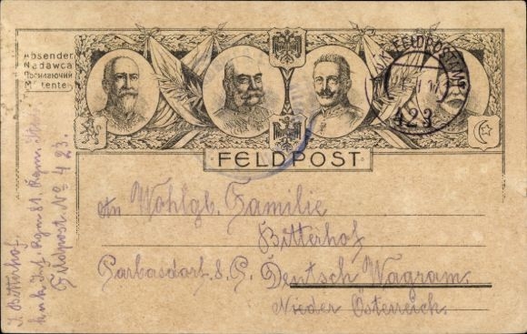 Postcard Kaiser Wilhelm II., Kaiser Franz Joseph I., Mehmed V., Ferdinand I. of Bulgaria, coat of arms