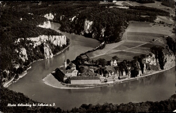 Postcard Kelheim an der Donau Lower Bavaria, aerial photograph of Weltenburg Monastery