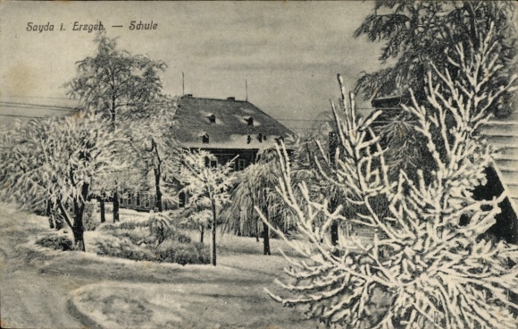 Ak Sayda im Erzgebirge, Schule, Winteransicht