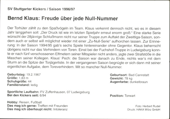 Karta autografu piłkarza Bernda Klausa, SV Stuttgarter Kickers, autograf
