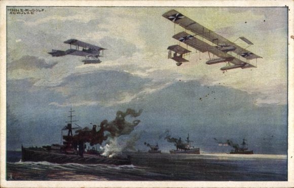 Artist Postcard Schulze, Hans Rudolf, Seaplanes over the English fleet, I. WK