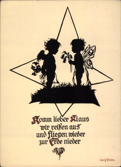 Scherenschnitt Künstler Ak Plischke, G., Kinder, Liebespaar, Komm lieber Klaus...