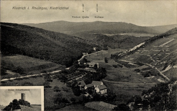 Postcard Kiedrich in the Rheingau Taunus, general view, ruin Scharfenstein, Kiedrichthal, spa house