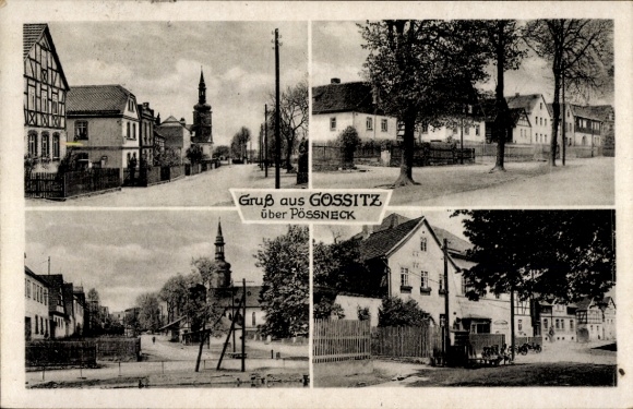 Ak Gössitz in Thüringen, Vier Bilder, Häuser, Kirche, Bäume,  Nostalgie