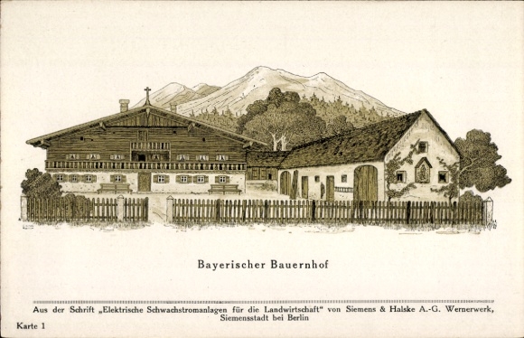 PC village Kochel am See, Upper Bavaria, Bavarian farm, illustration of a farm with mountains...