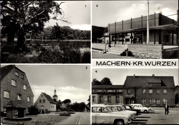 Postcard doers in Saxony, park pond, department store, August-Bebel-Platz, HO-Gaststätte Stadt Leipzig