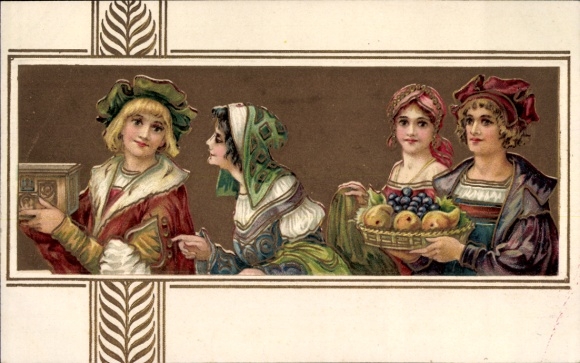 Glitter Postcard Men and Women in Traditional Costume, Fruit