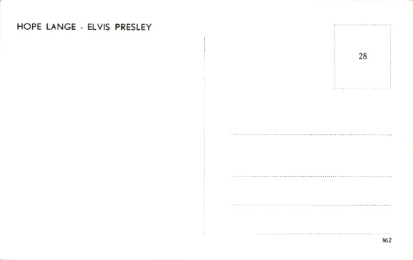 Postcard singer and actor Elvis Presley, portrait, actress Hope Lange