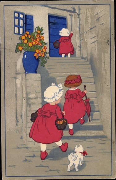 Artist PC Meissner &amp; book, girl on a staircase, front door, dog