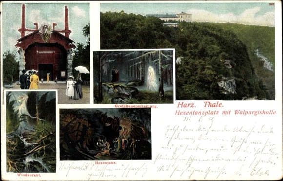 Postcard Thale in the Harz Mountains, witches&#39; dance floor with Walpurgis Hall, apparition of Gretchen, Bride of the Wind