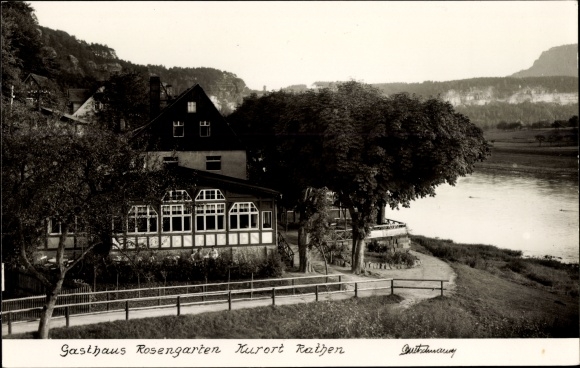 Foto Ak Kurort Rathen im Elbsandsteingebirge, Gasthaus Rosengarten