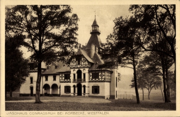 Postcard Buchholz Petershagen an der Weser North Rhine Westphalia, hunting lodge Conradsruh, architecture, trees