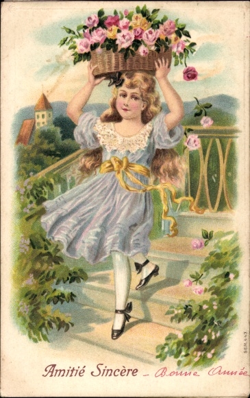 Postcard Girl with roses in a basket