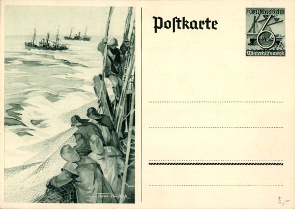 Postwaardestuk Ansichtkaart Axster Heudtlaß, vissers op volle zee, vissersboten