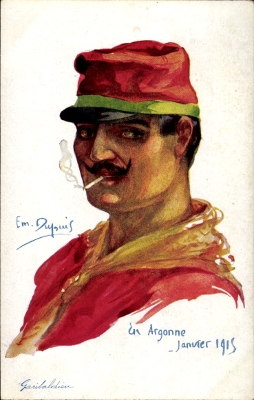 Kunstenaarskaart Dupuis, Emil, de geallieerden van Frankrijk, Argonne 1915, Italiaanse soldaat, sigaret