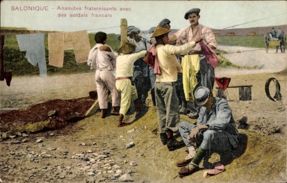 Postcard Saloniki Thessaloniki Greece, French and Vietnamese soldiers