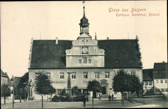 Postcard Puschwitz Belgern Schildau, town hall, monument, Roland