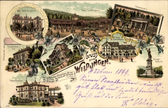 Chromo-Litho Bad Wildungen in Northern Hesse, Hotel Kaiserhof, Georg Viktor Quelle, Helenenquelle, Villa Göcke