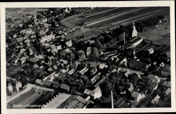 Postcard Böhlen in the district of Leipzig, aerial view of the city, church, rural surroundings